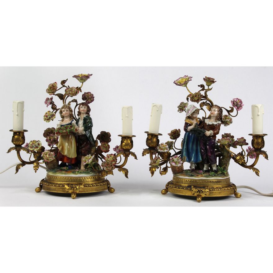 Continental porcelain two light boudoir lamps