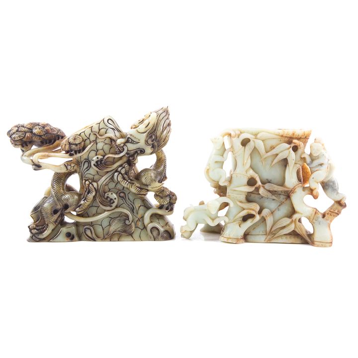 Two Chinese Carved Soapstone Scholar's Vases