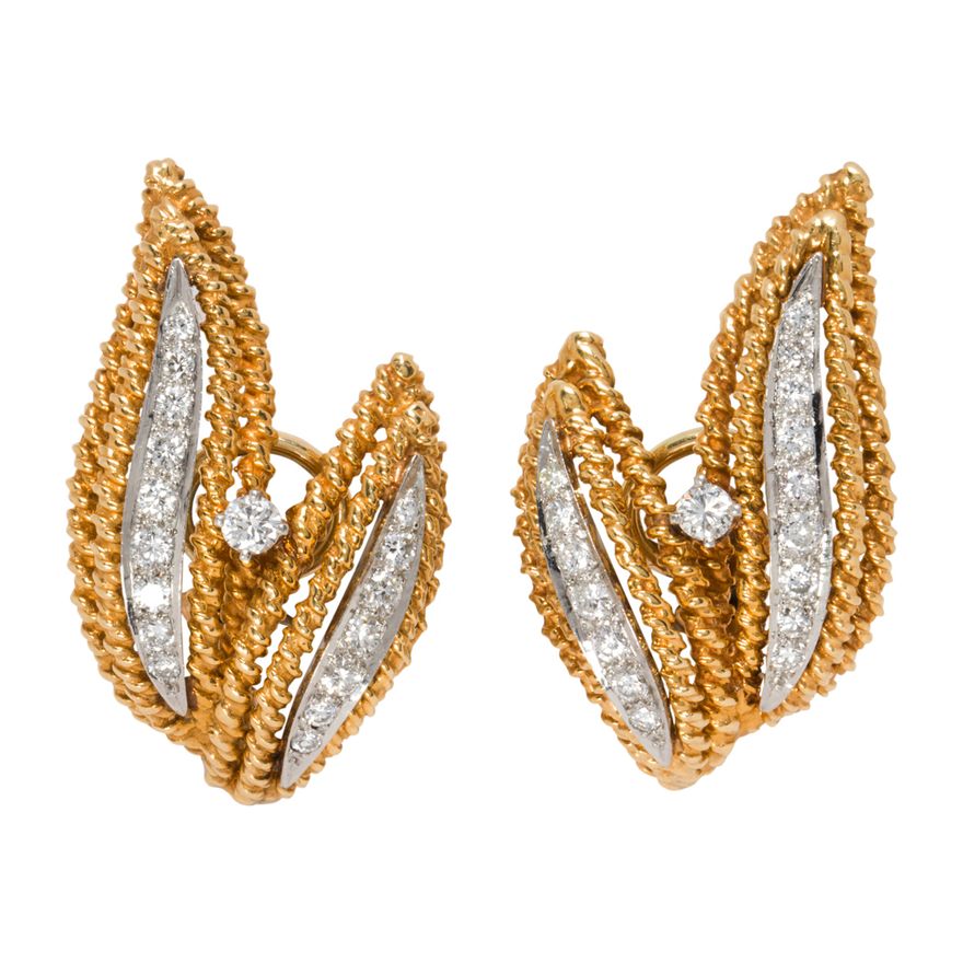 A pair of diamond, 18k gold and platinum ear-clips