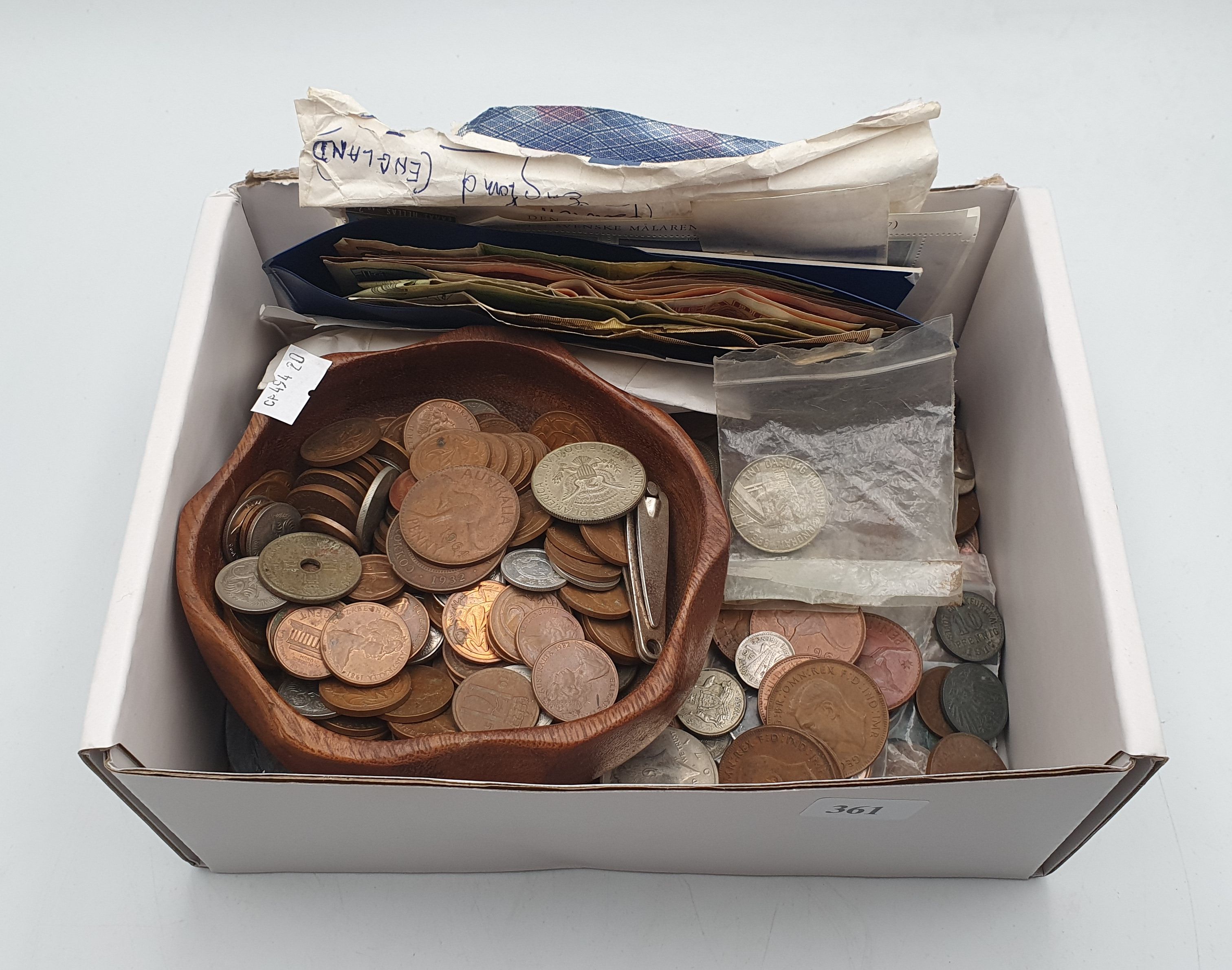 361 · A COLLECTION OF COINS AND NOTES AND STAMPS