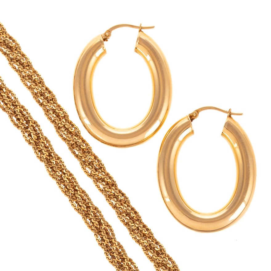 An Italian Woven Necklace & Pair of Hoops in 14K