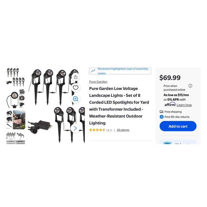 Pure Garden Set Of 8 Low Voltage Landscape Lights- Corded LED Spotlights For Yard- 1.70'' x 1.70'' x 9''