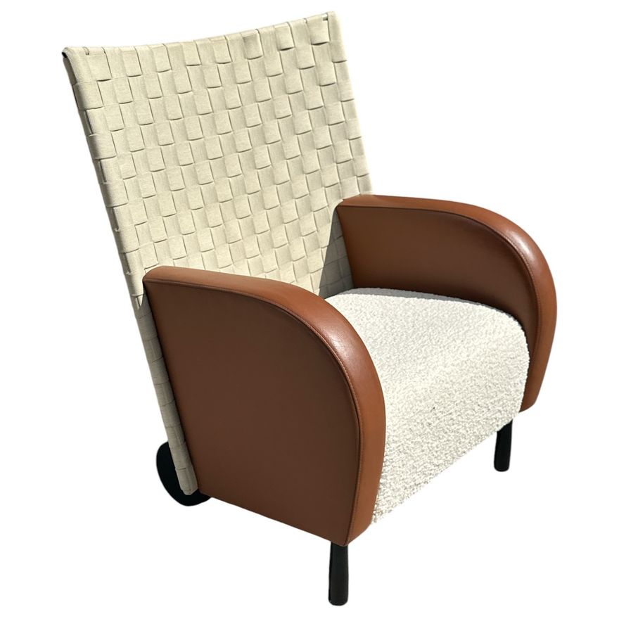 Post Modern Arm Chair, Woven Back, Boucle Seat