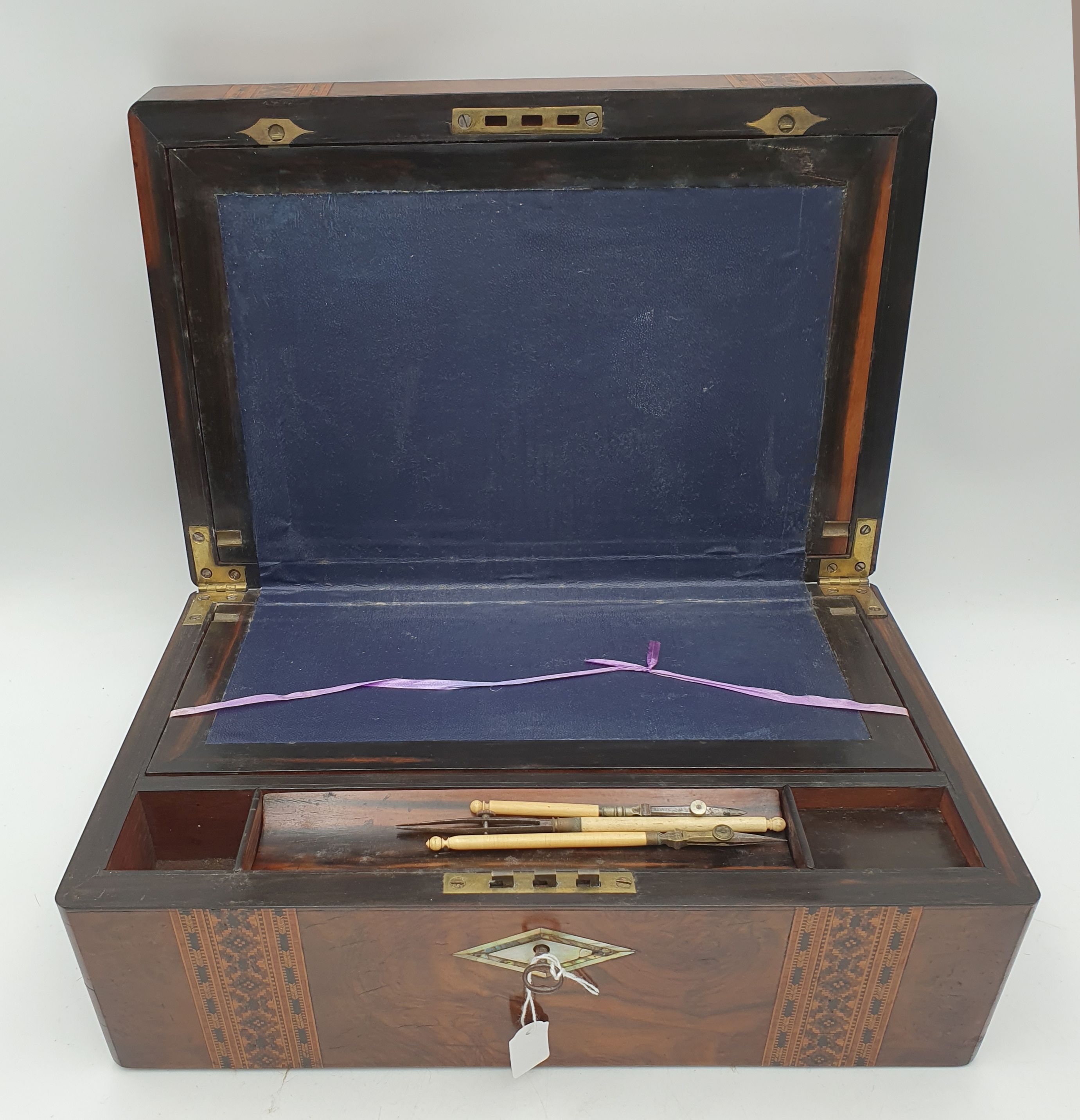 A VICTORIAN BURR WALNUT TUNBRIDGE WARE WRITING BOX