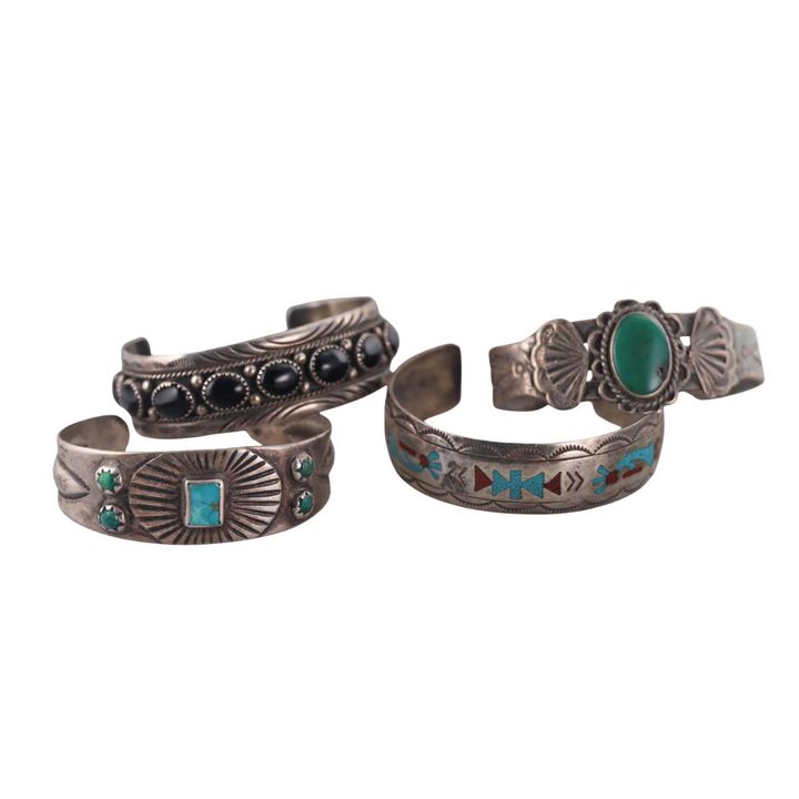 Native American Sterling Gemstone Cuff Bracelet Lot of 4