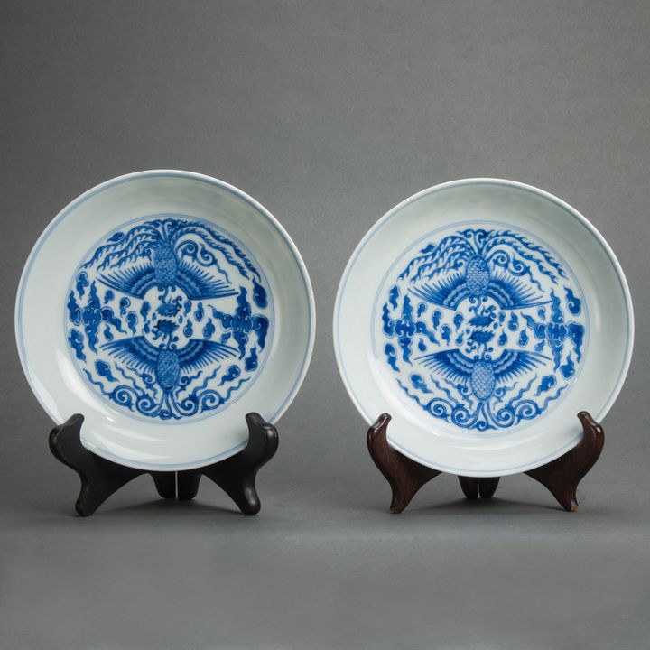 Pair of Chinese underglaze blue 'phoenix' dishes