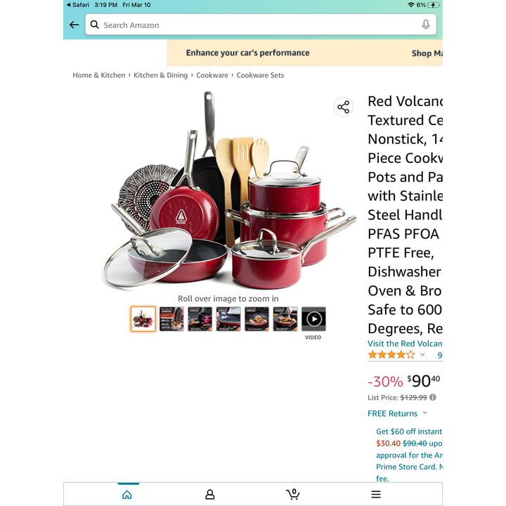 Red Volcano Textured Ceramic Nonstick, 14pc Cookware Pots & Pans Set w/Stainless Steel Handles