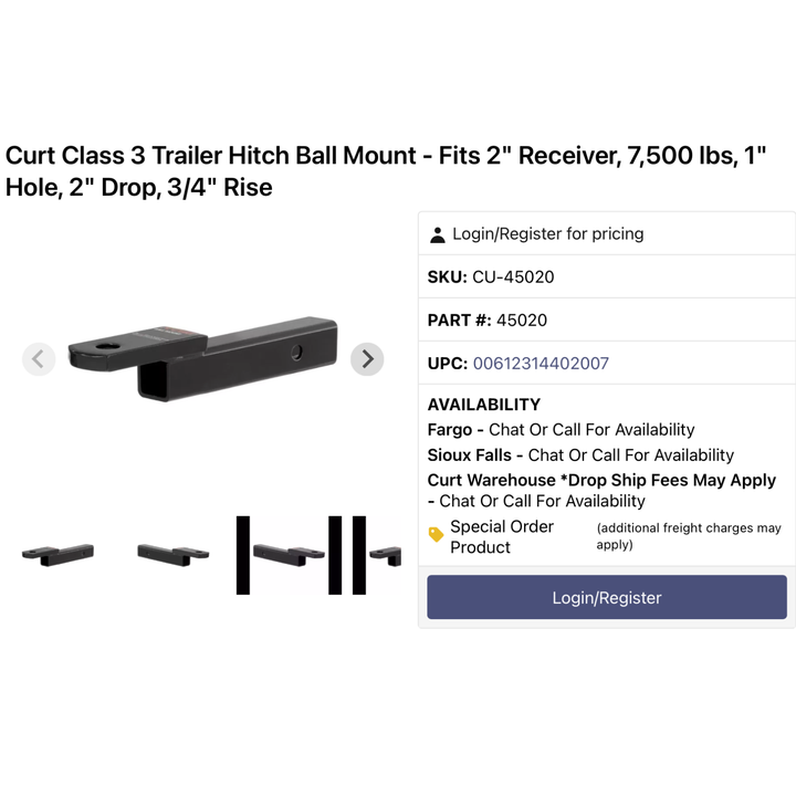 Curt Class 3 Trailer Hitch Ball Mount- Fits 2" Receiver,7,500lbs,1" Hole, 2" Drop, 3/4"Rise