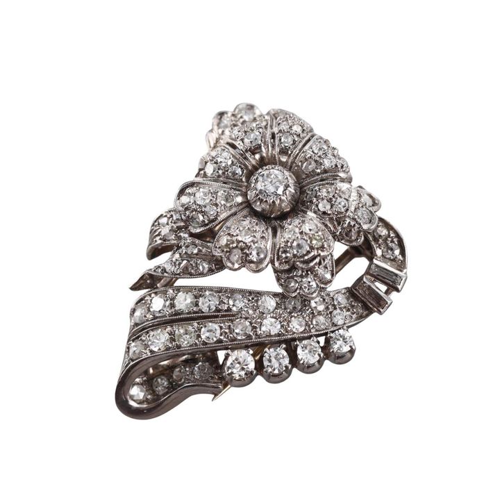 Midcentury Platinum Diamond Flower Brooch Pin