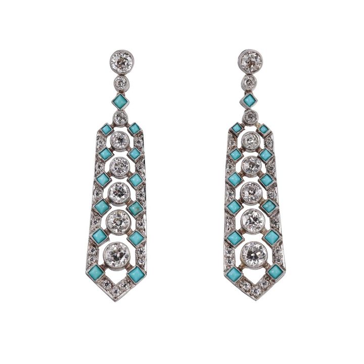 Platinum Diamond Turquoise Drop Earrings