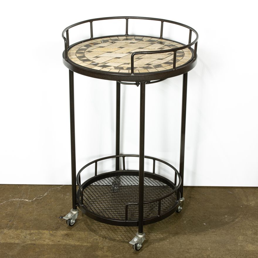 An Alessa tile top wrought iron bar cart