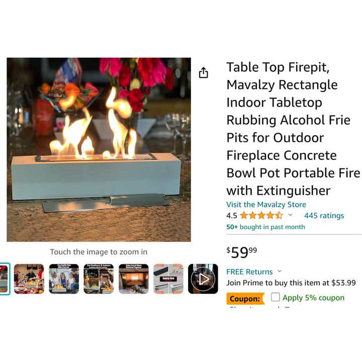 Mavalzy Table Top Rectangle Indoor Firepit w/ Extinguisher 3.6"D x 15.75"W x 3.6"H