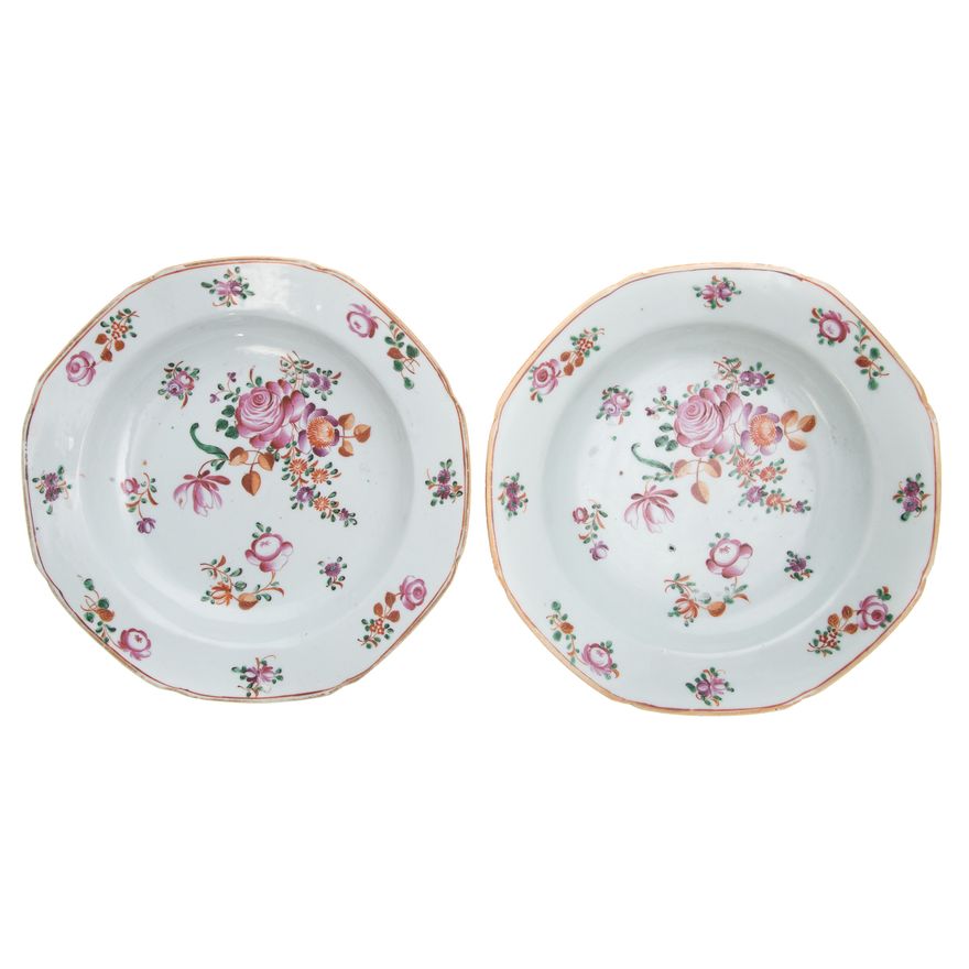Pair Chinese Export Famille Rose Soup Plates