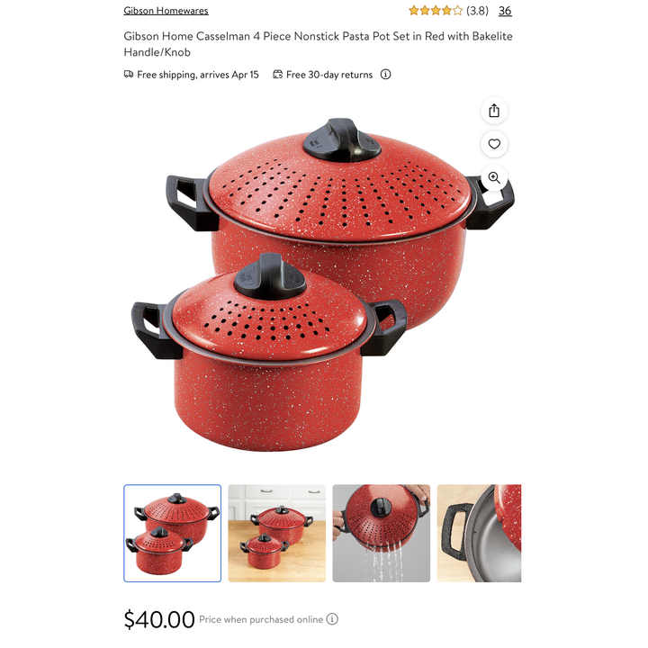 Gibson Home Casselman 4pc Nonstick Steel Pasta Pot Set (Red)