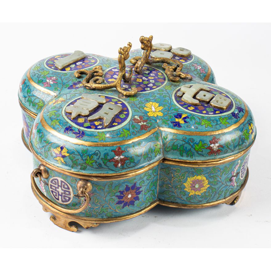 A Chinese cloisonne enamel box with jade inlay
