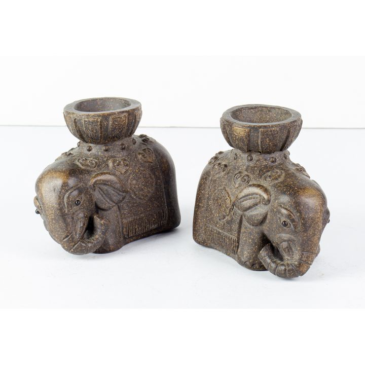 (lot of 2) Asian clay elephant candle holders