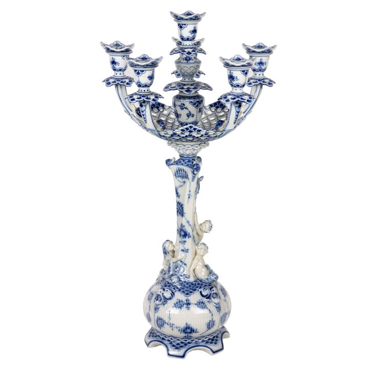 A Royal Copenhagen porcelain six-light figural candelabrum 1006 in the Blue Fluted Full Lace pattern