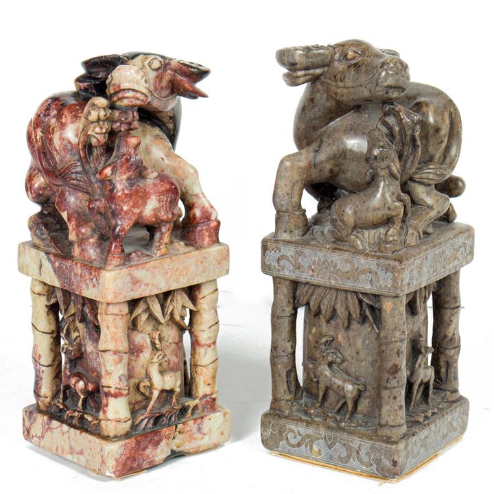 (lot of 2) Chinese soapstone carved buffalos