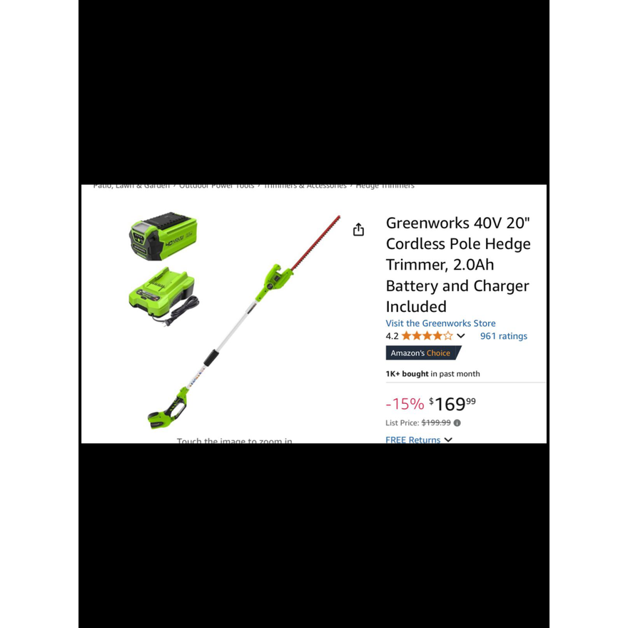 GreenWorks 20'' Cordless Pole Hedge Trimmer 9.8' w/ Battery & Charger
