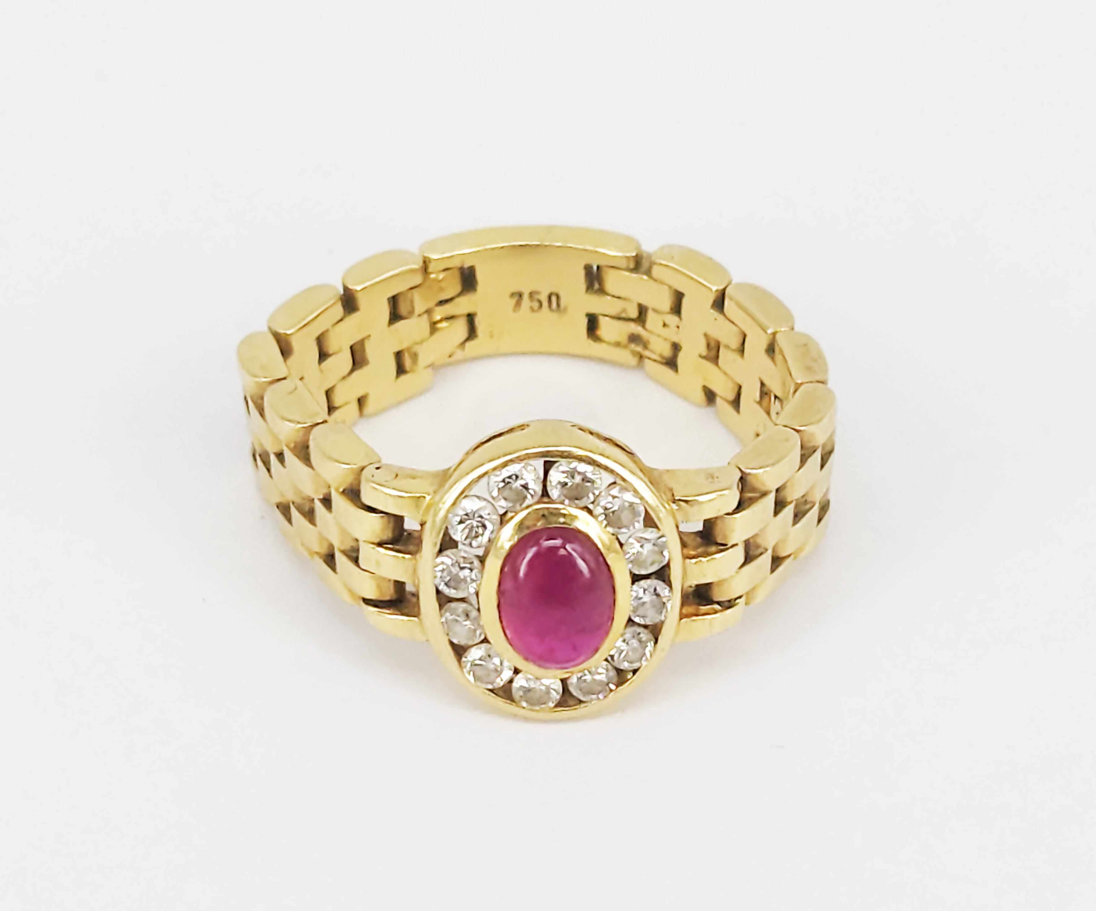 A Diamond And Ruby 18k Gold Mesh Ring