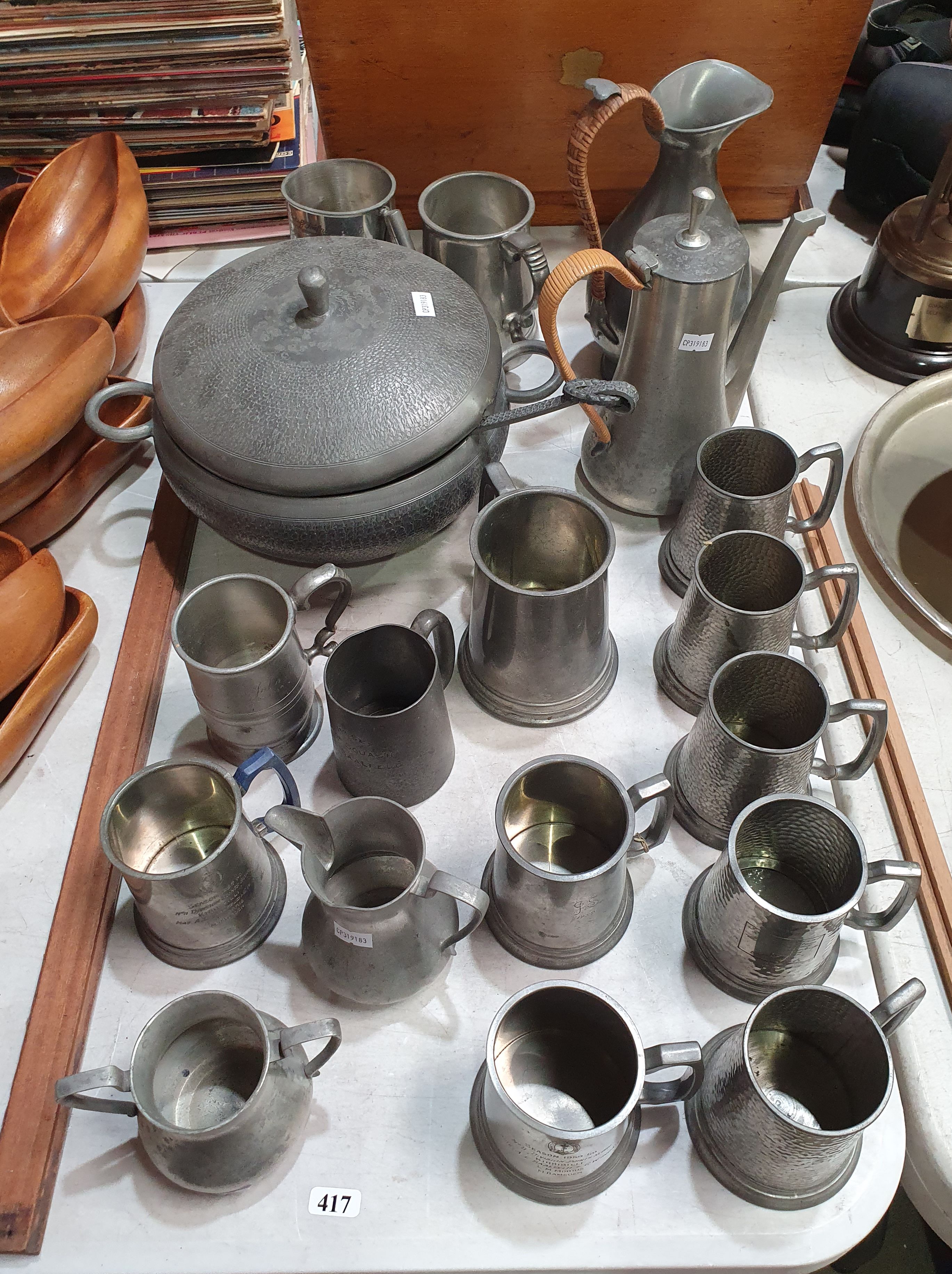 417 · A GROUP OF MOSTLY PEWTER DRINKWARE PIECES