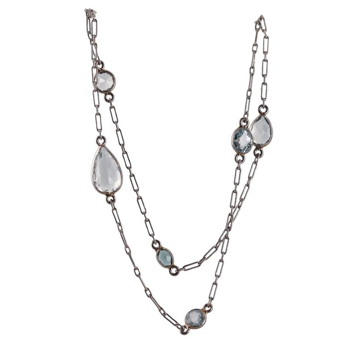 Platinum Aquamarine Station Long Necklace