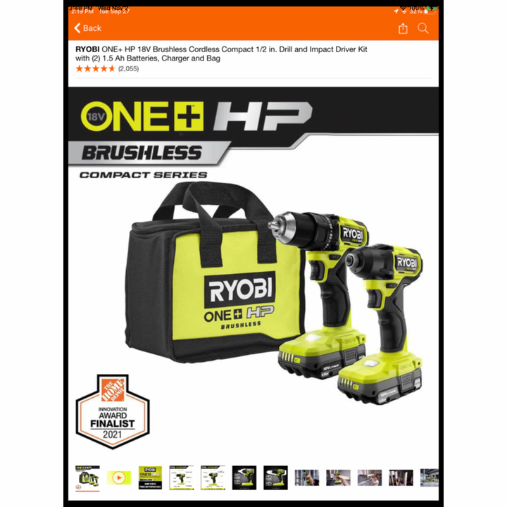 Ryobi ONE+ HP 18V Brushless Cordless Compact 1/2" Drill & Impact Driver Kit w/(2) 1.5Ah Batteries Charger & Bag