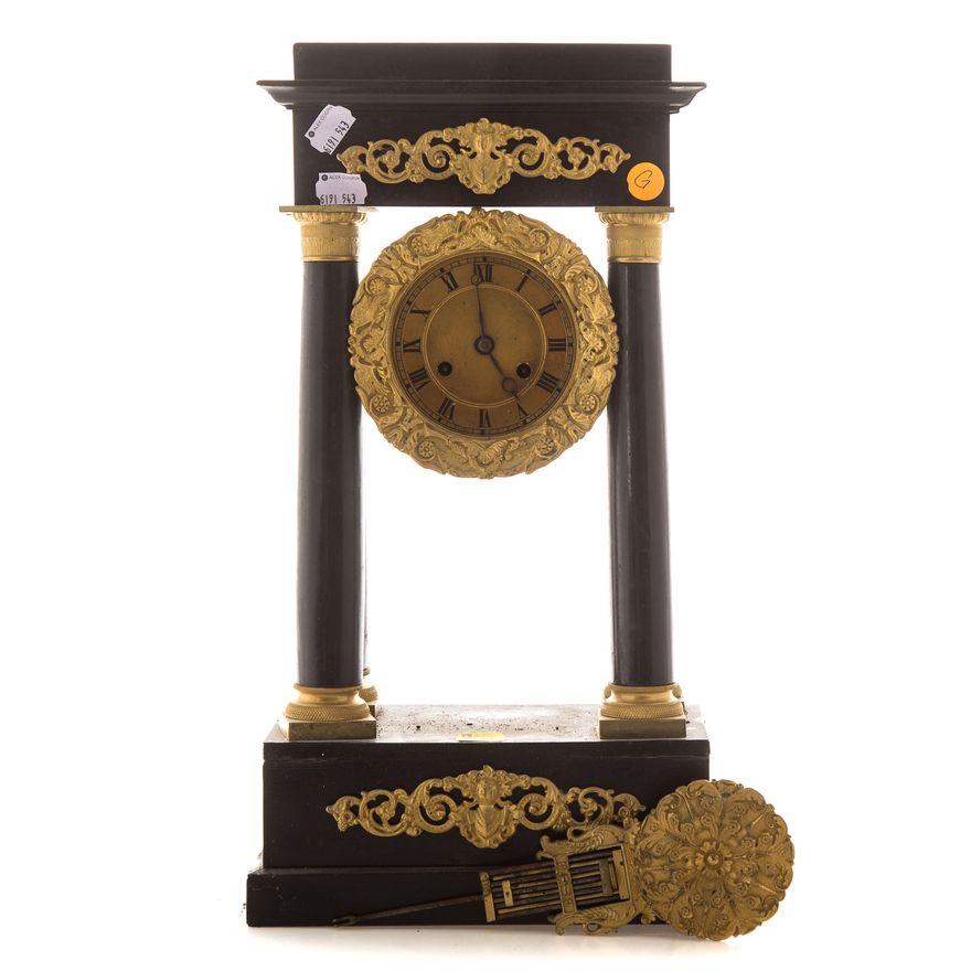 French Empire ebonized wood portico clock