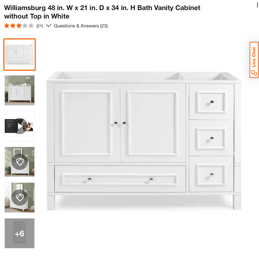Williamsburg 48"x21"x34" Bath Vanity Cabinet without Top (White)