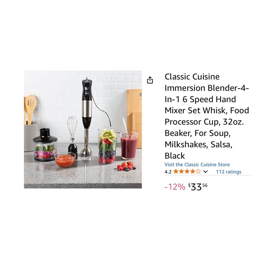 Classic Cuisine Immersion Blender 4-In-16 Speed Hand Mixer Set- 32oz Cup