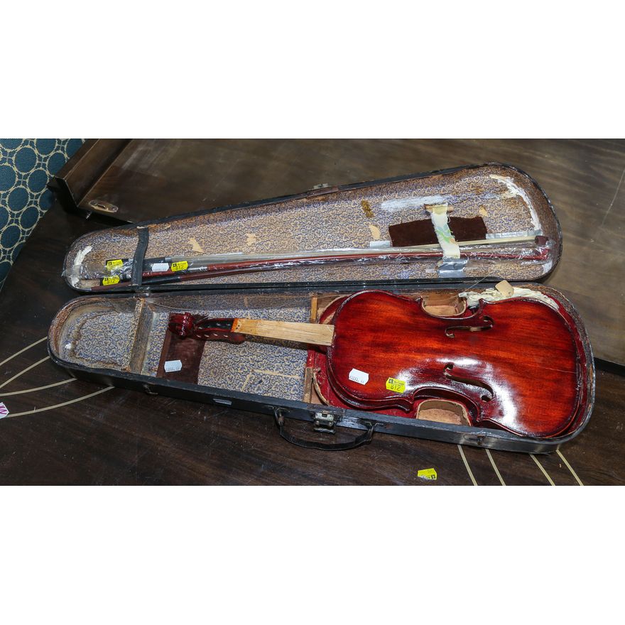 An Antique Violin, Three Bows & a Case