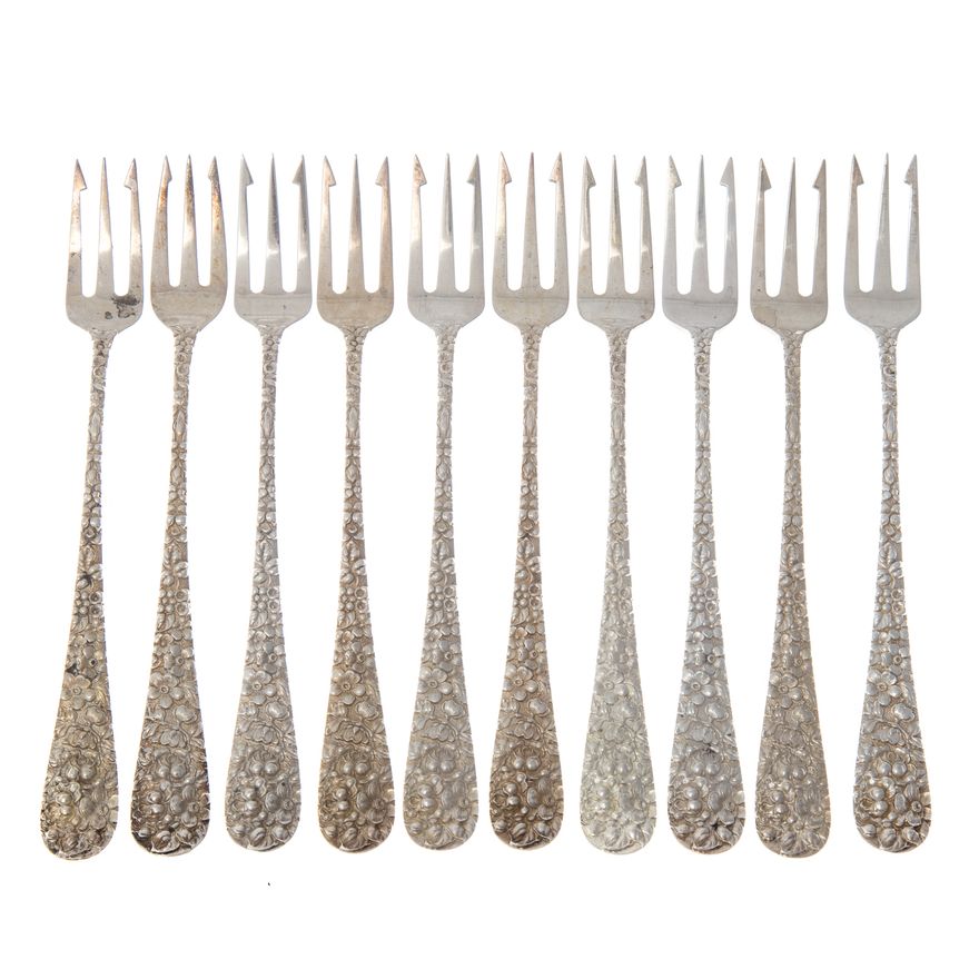 Set of 10 Stieff "Rose" sterling oyster forks