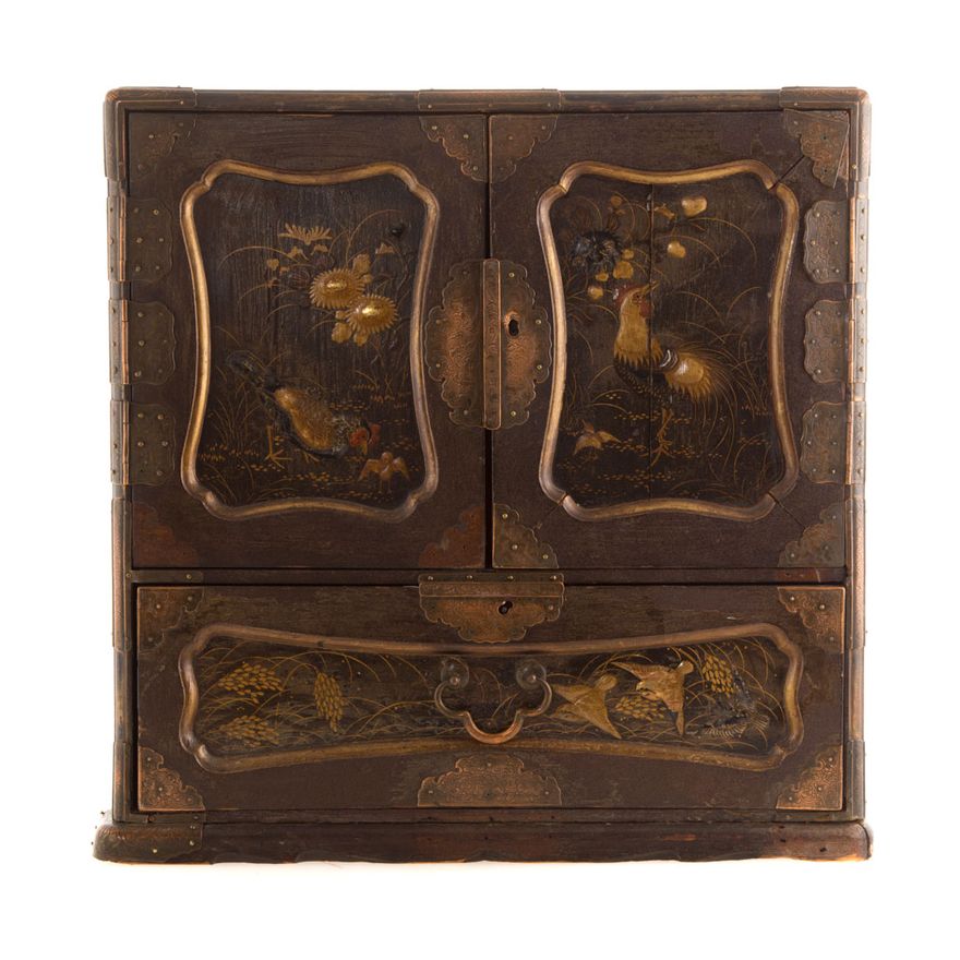 Japanese copper mounted lacquered wood chest