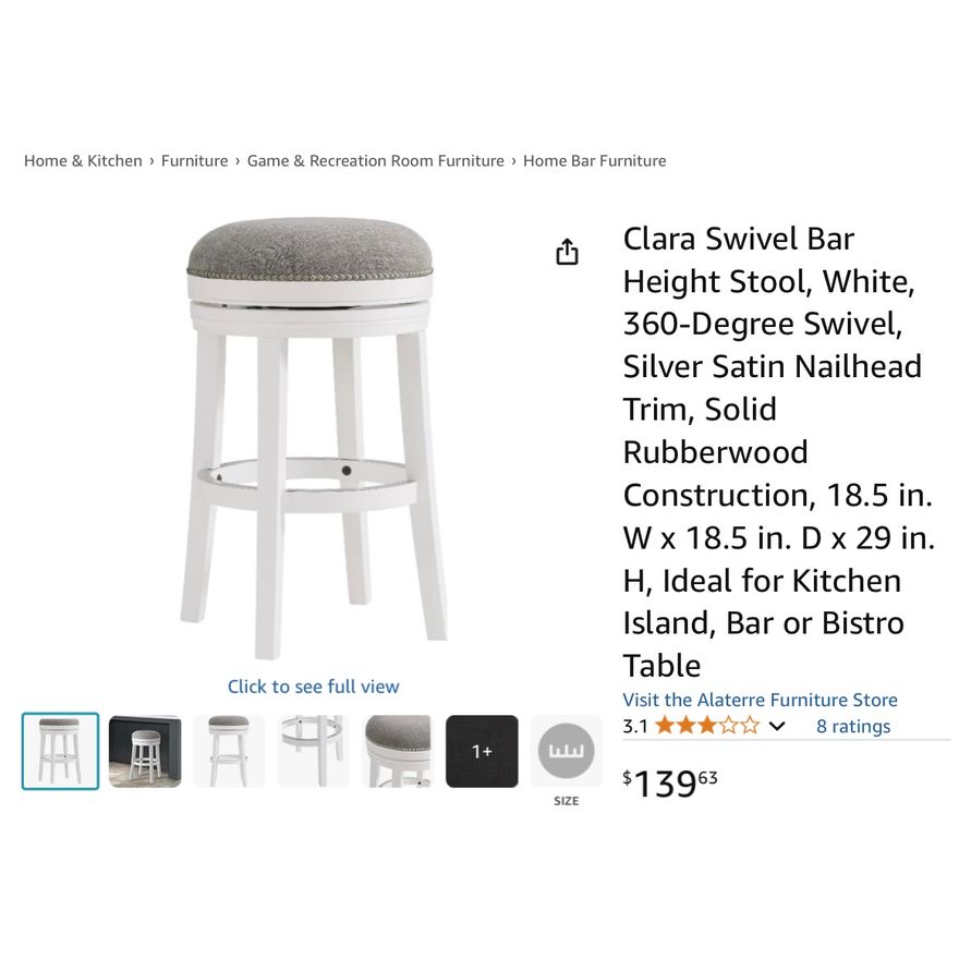 Clara Swivel Bar Stool - White, 360 Degree Swivel 18.5" x 18.5" x 29"