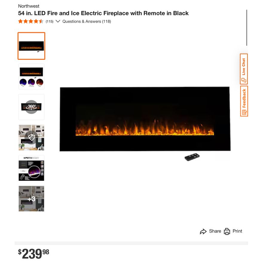 Northwest 54'' LED Fire & Ice Electric Fireplace w/ Remote- Black, 20'' H x 54'' W x 4.75'' D In Box