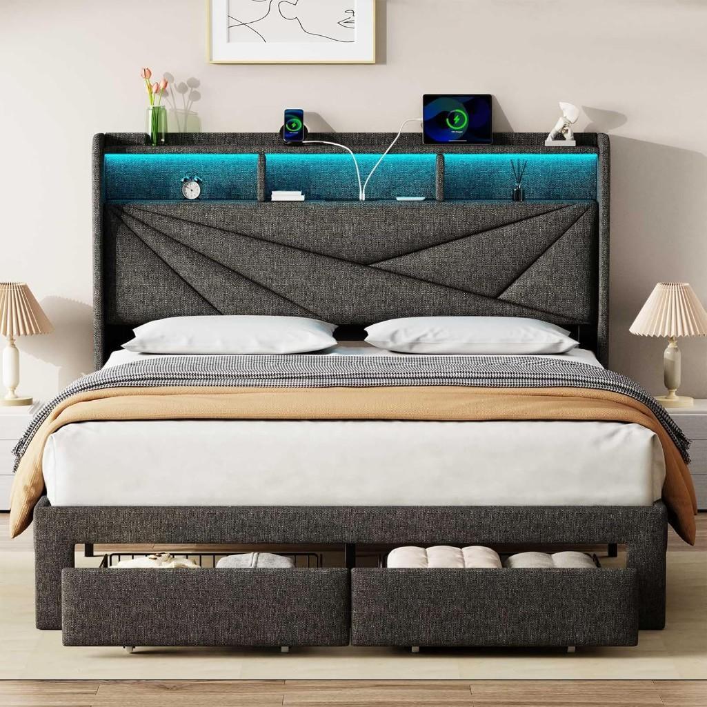 LED Full Size Bed Frame with 2 Storage Drawers, Upholstered Full Bed ...