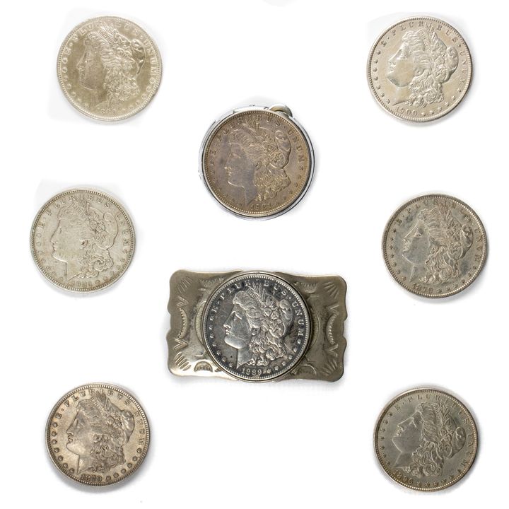 (8) Morgan dollars: (2)1879, 1889-0, 1896, 1900, 1889-0, 1896, 1900, 1921D