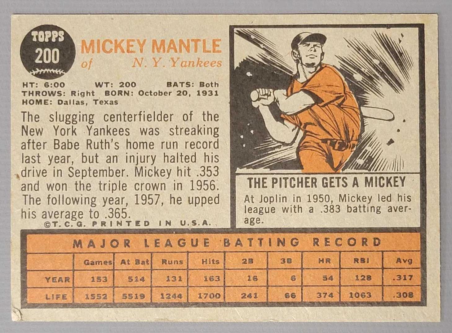 1962 Topps #200 Mickey Mantle New York Yankees Baseball Card Sgc 1.5 Fair