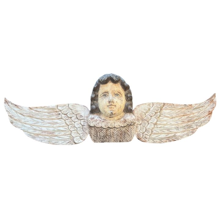 Antique Wood Carved Cherub Head Wall Plaque