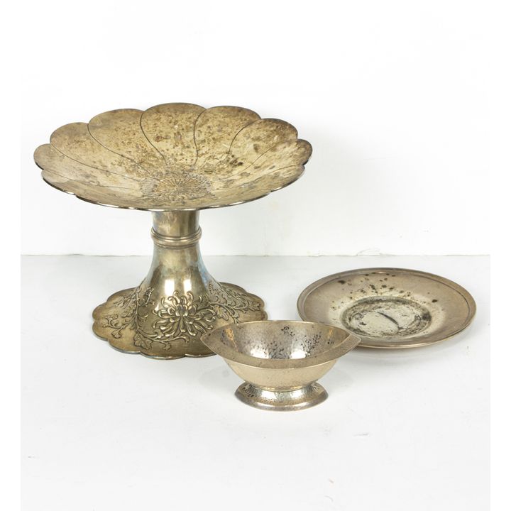 A Wallace hammered sterling sauceboat and undertray together with a Japanese compote with floriform tray, unmarked, no quality marks...