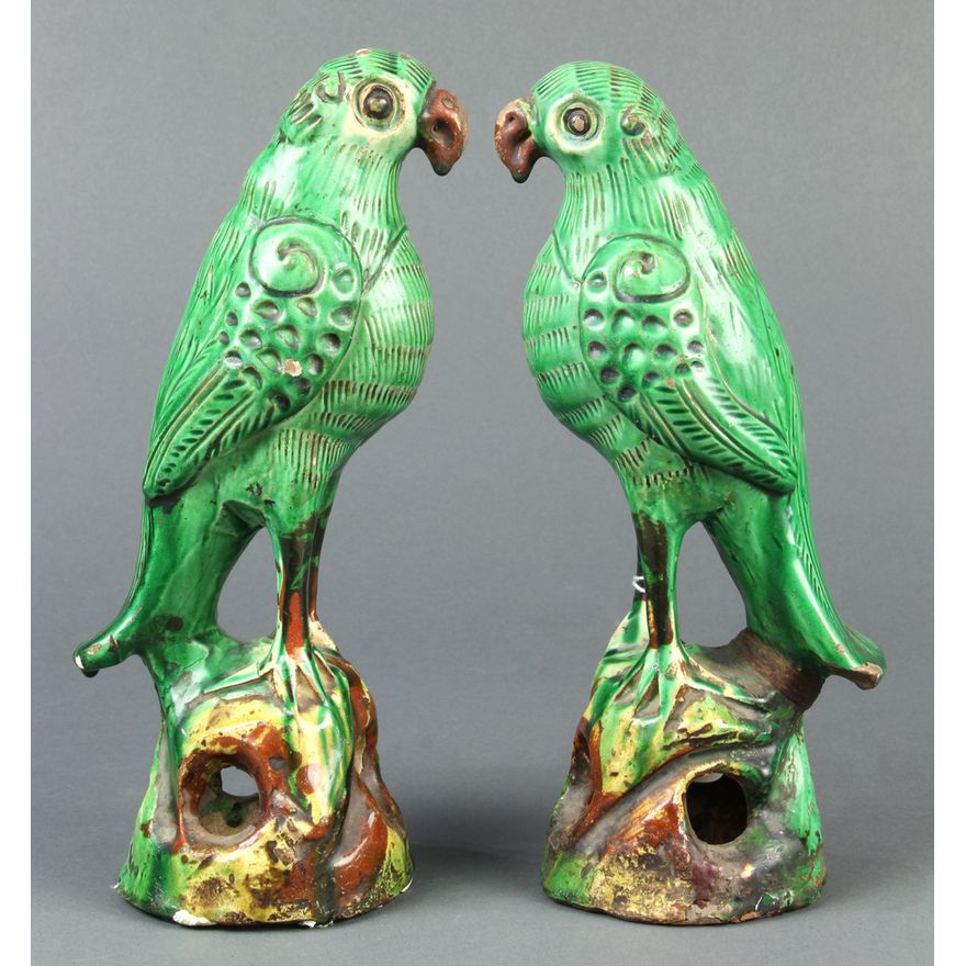 Chinese Green Glazed Ceramic Parrots