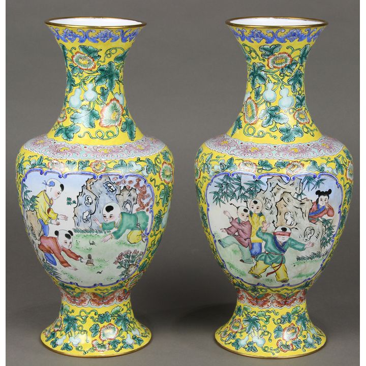 Chinese Enameled Metal Yellow Vases, Children