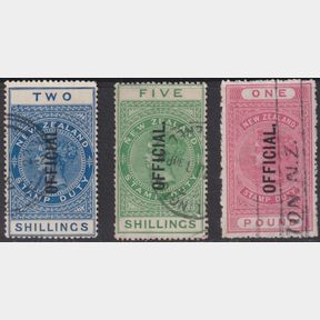 NZ Officials, 1908-13 Set of 3 QVLT (2/-, 5/- & £1). Jury cat $1375. FU.…