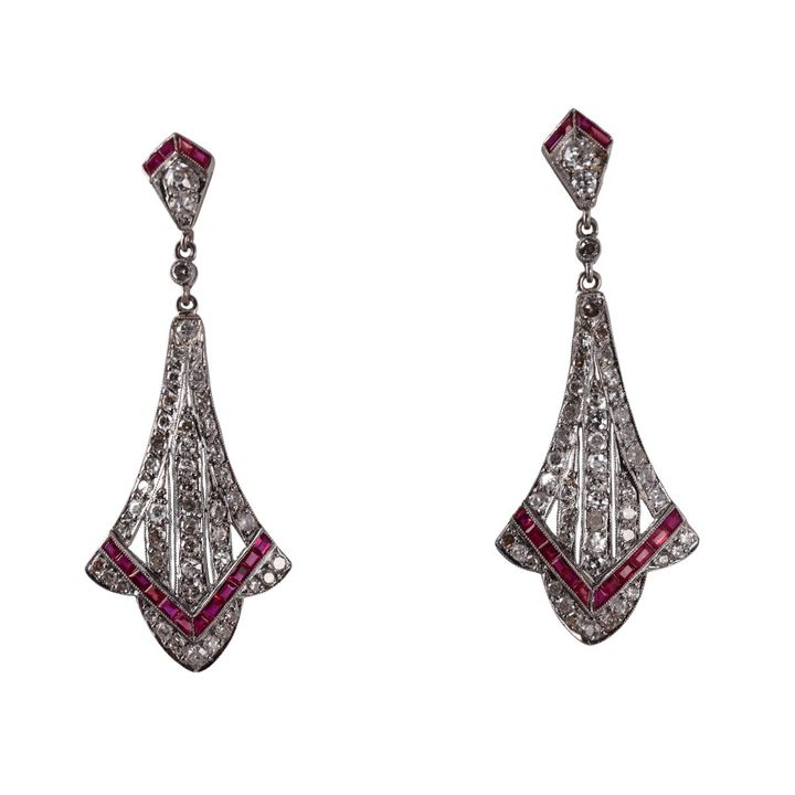 Platinum Diamond Ruby Drop Earrings