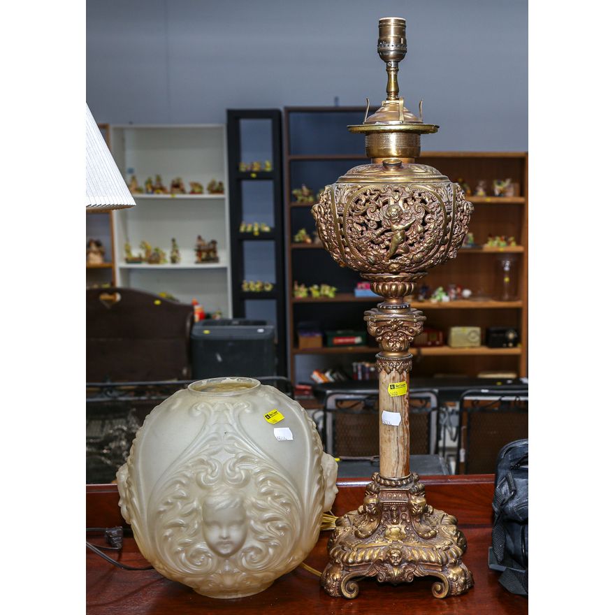 A Rococo Revival Kerosene Lamp with Shade