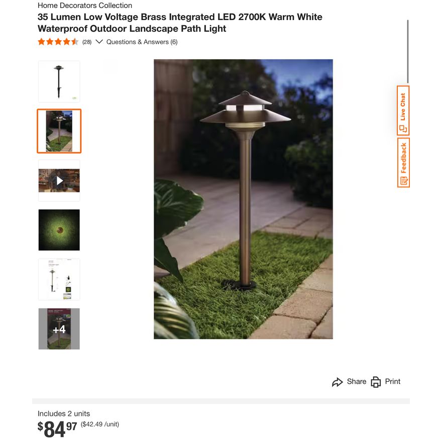 BUYING (2) Home Decorators Collection 35 Lumen Low Voltage Brass Integrated LED 2700K Warm White Outdoor Landscape Path Light