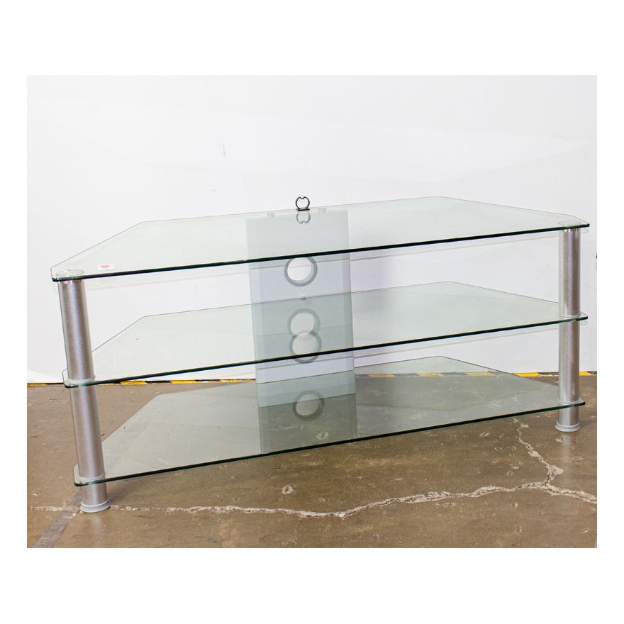 A Contemporary glass and chrome three-tier audio video stand