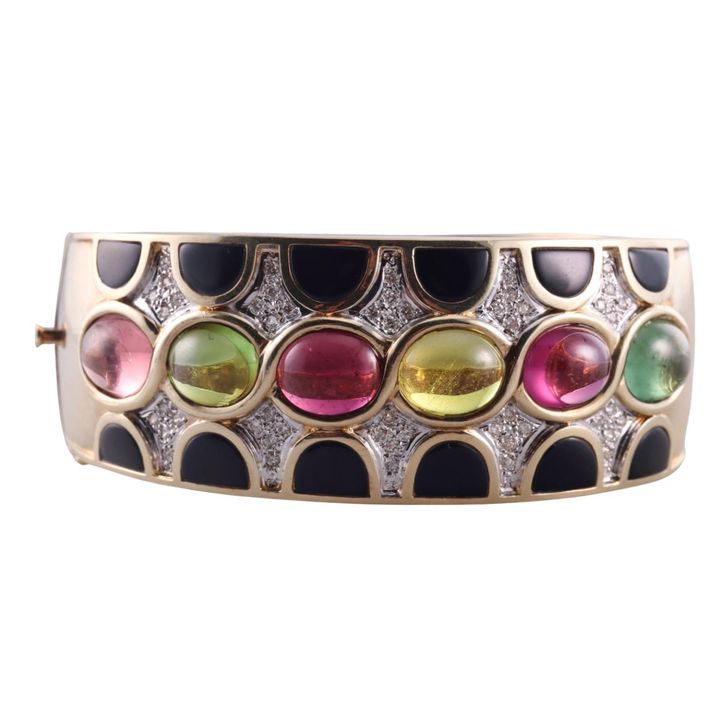 1980s 14k Gold Tourmaline Peridot Diamond Enamel Bracelet
