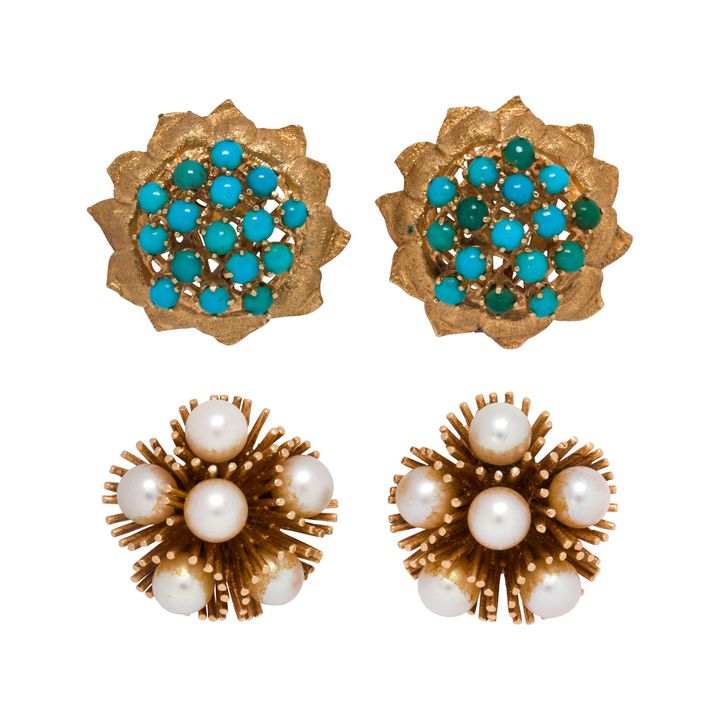 Two pairs of gemstone and 14k gold ear clips