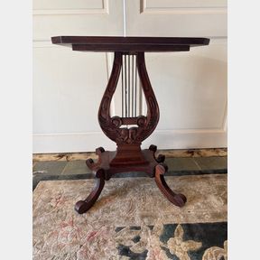 ANTIQUE CONSOLE TABLE WITH LYRE SHAPED BASE